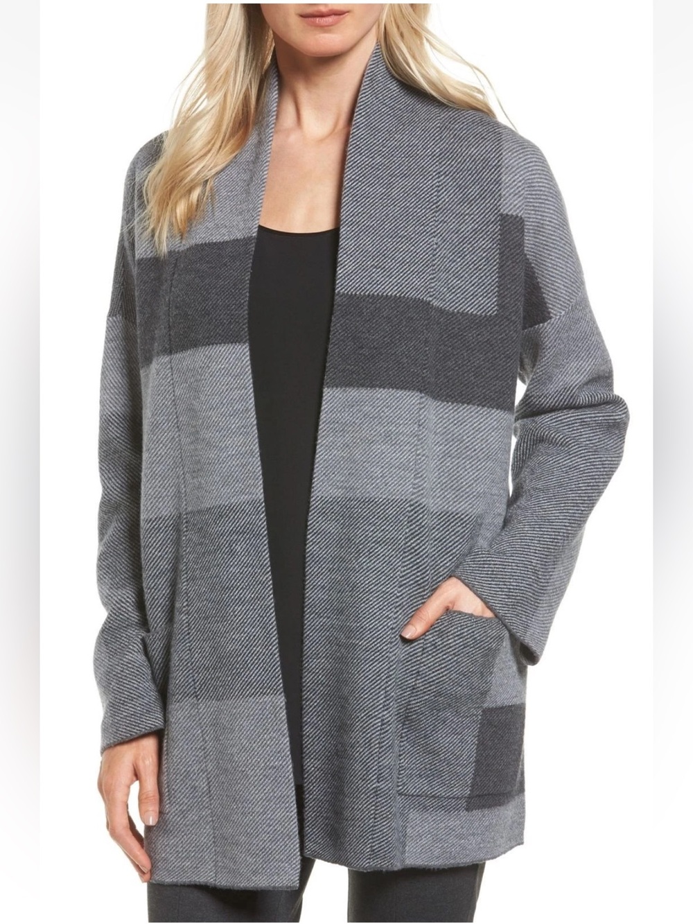 Eileen Fisher Merino Wool Grey Open-Front Geometric Cardigan Sweater, XS